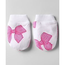 Bonfino 100% Cotton Cap Mittens & Booties Set With Bow Print White & Pink - Diameter 12 cm