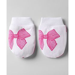 Bonfino 100% Cotton Cap Mittens & Booties Set With Bow Print White & Pink - Diameter 12 cm