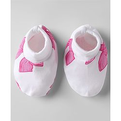 Bonfino 100% Cotton Cap Mittens & Booties Set With Bow Print White & Pink - Diameter 12 cm