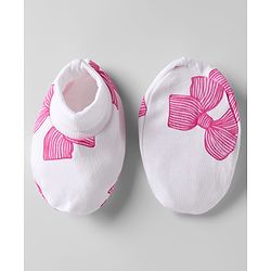 Bonfino 100% Cotton Cap Mittens & Booties Set With Bow Print White & Pink - Diameter 12 cm