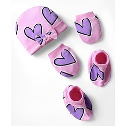Bonfino 100% Cotton Knit Cap Mittens & Booties With Heart Print Pink - Diameter 11.5 cm