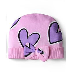 Bonfino 100% Cotton Knit Cap Mittens & Booties With Heart Print Pink - Diameter 11.5 cm