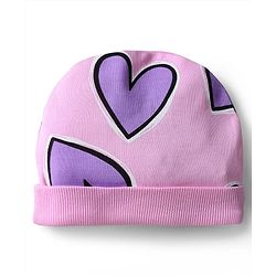 Bonfino 100% Cotton Knit Cap Mittens & Booties With Heart Print Pink - Diameter 11.5 cm