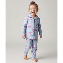 Bonfino 100% Cotton Full Sleeves Co-Ord Night Suit With Cake Slice Print - Blue