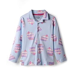 Bonfino 100% Cotton Full Sleeves Co-Ord Night Suit With Cake Slice Print - Blue