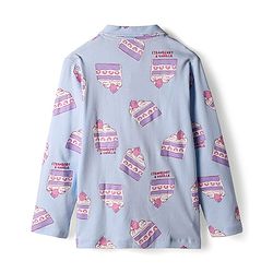Bonfino 100% Cotton Full Sleeves Co-Ord Night Suit With Cake Slice Print - Blue