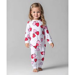 Bonfino 100% Cotton Knit Full Sleeves Co-Ord Night Suit With Heart Print - White