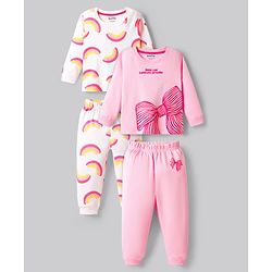 Bonfino 100% Cotton Full Sleeves Night Suit With Rainbow & Bow Print Pack Of 2 - White & Pink