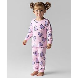 Bonfino 100% Cotton Knit Full Sleeves Co-Ord Night Suit With Heart Print - Pink