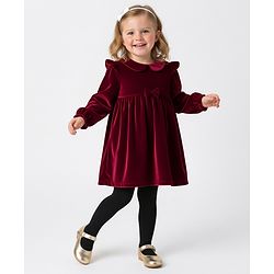 Bonfino Woven Full Sleeves Solid Color Peter Pan Collar Valour Party Dress with Stockings & Bow Applique - Maroon