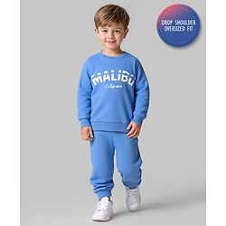 Bonfino 100% Cotton Fleece Knit Full Raglan Sleeves Sweatshirt & Joggers Set With Malibu Print - Blue