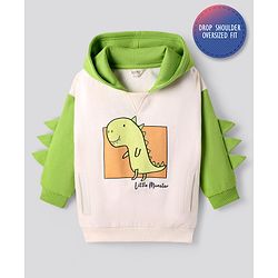 Bonfino 100% Cotton Fleece Knit Full Drop Shoulder Sleeves Hooded Sweatshirt With Dino Print & Applique - Off White & Green