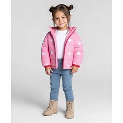 Bonfino Woven Full Sleeves High Neck Padded Jackets With Heart Print - Pink