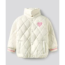 Bonfino Woven Full Sleeves Solid Coloured Puffer Quilted Jacket With Embroidery & Collar Neck - Off White
