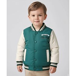 Bonfino Woven Full Sleeves Padded Bomber Jackets With Cut & Sew Design & Text Print - Teal Blue & White