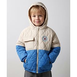 Bonfino Woven Full Raglan Sleeves  Quilted Padded Jacket with Hood & Patch Detailing - Blue & Cream