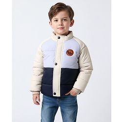 Bonfino Woven Full Raglan Sleeves High Neck Quilted Padded Jacket with Dino Patch Detailing - Blue & Cream