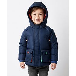 Bonfino Woven Full Raglan Sleeves Quilted Padded Jacket with Hood & Neon Tape Detailing - Navy Blue