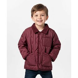 Bonfino Woven Full Sleeves Corduroy Collar Neck Puffed Quilted Jacket With Pocket Patch - Wine