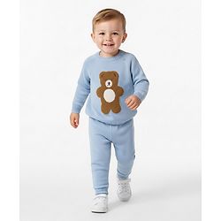Bonfino 100% Cotton Knit Full Raglan Sleeves Sweatshirt & Joggers Set with Teddy Patch - Light Blue