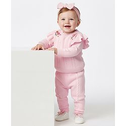Bonfino 100% Cotton Knit Full Sleeves Sweater & Pant Set with Frill & Embroidery Detailing -  Pink