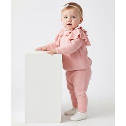 Bonfino 100% Cotton Knit Full Sleeves Solid Color Sweater & Jogger Set with Frill Detailing - Light Pink