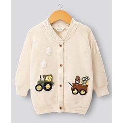 Bonfino 100% Cotton Knitted Full Sleeves Front Open Sweater with Tractor Embroidery - Off White