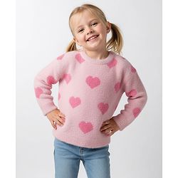 Bonfino Knit Full Sleeves Hairy Yarn Pullover Sweater with Heart Design - Light Pink