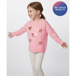Bonfino 100% Cotton Knit Full Sleeve Pullover Sweater with Sequins Bow Embroidery- Pink