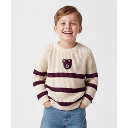 Bonfino 100% Cotton Knitted Full Sleeves Striped Pullover Sweater with Teddy Bear Embroidery - Off White