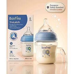 Bonfino TruLatch Ultra-Wide Neck Baby Feeding Bottle 150 ml - Blue| 0+ Months| Anti-Colic Valve| Soft Skin-Like Silicone Teat| BPA Free| Easy to Clean & Hygienic Wide Neck Design