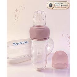 Bonfino Easy Squeeze Silicone Food Feeder - Peach| 6 Months+| Soft-Squeeze| Encourages Self-Feeding| Leak-Proof Anti-Spill Valve| Food-Grade| BPA-Free| Controlled Flow & Portion Markings| Travel Case