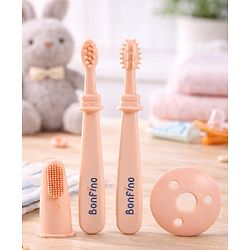 Bonfino Tiny Smile 3-in-1 Brushing Kit - Pink| 0+ Months| Finger Brush Training Brush & Tooth Brush| Anti-Choking Protective Ring| 360° Gentle Cleaning| Ultra Soft Silicone| BPA Free| Easy-Grip Handle