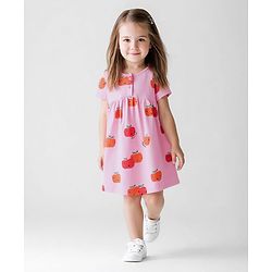 Bonfino 100% Cotton Half Sleeves Fruits Printed Dress - Pink