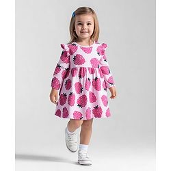 Bonfino 100% Cotton Full Sleeves Fruits Printed Dress With Frill Detailing - Light Pink