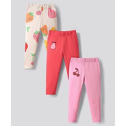 Bonfino 100% Cotton Knit Full Length Leggings With Tropical Theme Print Pack Of 3 - Red Pink & Ivory