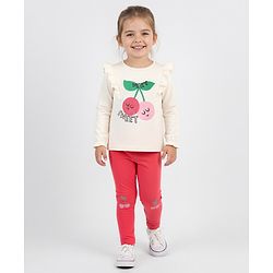 Bonfino 100% Cotton Knit Full Sleeves T-Shirt & Leggings Set With Cherry Print - Ivory & Red