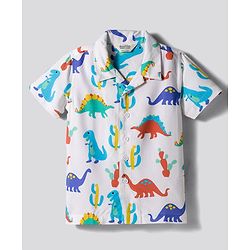 Bonfino 100% Rayon Woven Half Sleeve Dino Print Shirt - White