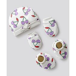 Bonfino 100% Cotton Knit Caps, Mittens & Booties Set with Cherry Print & Bow Applique Ivory - Diameter 12.5 cm