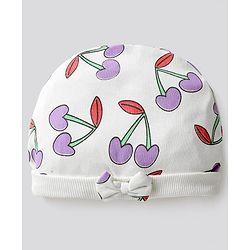 Bonfino 100% Cotton Knit Caps, Mittens & Booties Set with Cherry Print & Bow Applique Ivory - Diameter 12.5 cm