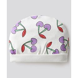 Bonfino 100% Cotton Knit Caps, Mittens & Booties Set with Cherry Print & Bow Applique Ivory - Diameter 12.5 cm