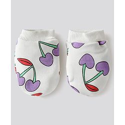 Bonfino 100% Cotton Knit Caps, Mittens & Booties Set with Cherry Print & Bow Applique Ivory - Diameter 12.5 cm