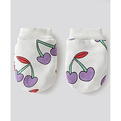 Bonfino 100% Cotton Knit Caps, Mittens & Booties Set with Cherry Print & Bow Applique Ivory - Diameter 12.5 cm