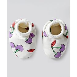 Bonfino 100% Cotton Knit Caps, Mittens & Booties Set with Cherry Print & Bow Applique Ivory - Diameter 12.5 cm
