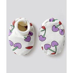 Bonfino 100% Cotton Knit Caps, Mittens & Booties Set with Cherry Print & Bow Applique Ivory - Diameter 12.5 cm