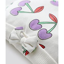 Bonfino 100% Cotton Knit Caps, Mittens & Booties Set with Cherry Print & Bow Applique Ivory - Diameter 12.5 cm