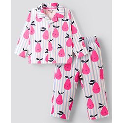 Bonfino 100% Cotton Knit Full Sleeves Co-Ord Night Suit With Fruit Print - Ivory