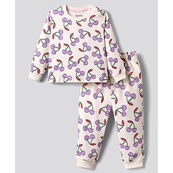 Bonfino 100% Cotton Knit Full Sleeves Co-Ord Night Suit with Cherry Print - Ivory