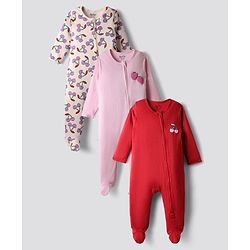 Bonfino 100% Cotton Knit Full Sleeves Front Open Footed Night Suits with Fruit Print Pack of 3 - Red Ivory & Light Pink
