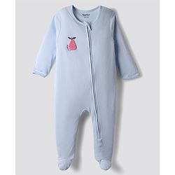 Bonfino 100% Cotton Knit Full Sleeves Front Open Footed Night Suits with Fruit Print & Stripes Pack of 3 - Ivory Light Blue & Pink